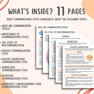 Printable communication styles worksheets for adults to improve assertive communication, emotional expression, and conflict resolution. Perfect for therapy sessions, self-help, personal growth, and mental health support. These PDF tools help develop effective communication skills in relationships and daily life. Ideal for counselors, coaches, and individuals working on boundaries, active listening, and healthy interactions. Instant digital download for easy use.