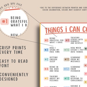 May include: A printable poster with a list of 22 things you can control in your life. The poster is designed with a light brown background and colorful numbered boxes. The title of the poster is "Things I Can Control".