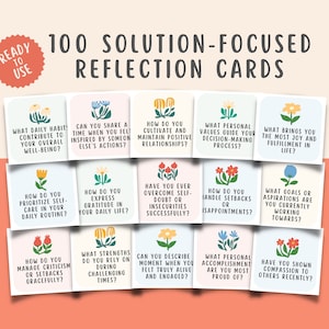 100 oplossingsfocus reflectietherapie vraagkaarten, op kracht gebaseerde psychologie, SFBT-dagboekprompts, bureau voor geestelijke gezondheidszorgtherapie GAD, SEL