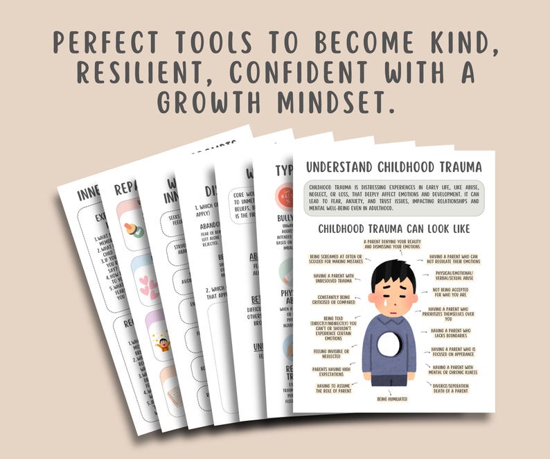 Childhood Trauma Healing Worksheets (19 Pages), Reparenting Inner Child Healing,  Somatic Coping Skills, PTSD, Crisis Therapy, Panic Attacks