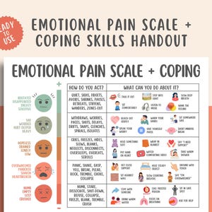 Può includere: Un volantino bianco intitolato "Emotional Pain Scale + Coping Skills Handout" con una scala di colori delle emozioni e delle strategie di coping. Il volantino include testo e illustrazioni per gestire il disagio emotivo.