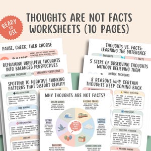 May include: A set of ten printable worksheets titled Thoughts Are Not Facts, featuring educational content on cognitive reframing, negative thinking patterns, and mindfulness exercises with colorful diagrams, text boxes, and a red Ready To Use badge.