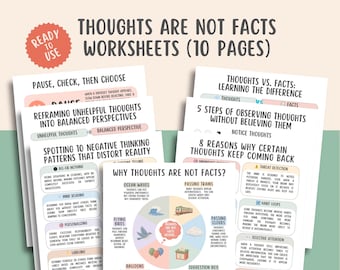 Thoughts Are Not Facts Worksheets, CBT Cognitive Restructuring, Overthinking Help, Anxiety Relief, Intrusive Thoughts, Rumination Recovery