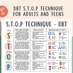 STOP Technique Printable, DBT Mindfulness Coping Skill, Anxiety Relief, Mental Health Therapy Resource, CBT Coping, Emotional Regulation