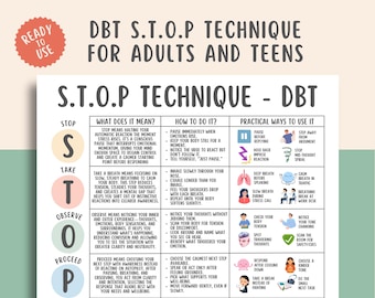 STOP Technique Printable, DBT Mindfulness Coping Skill, Anxiety Relief, Mental Health Therapy Resource, CBT Coping, Emotional Regulation