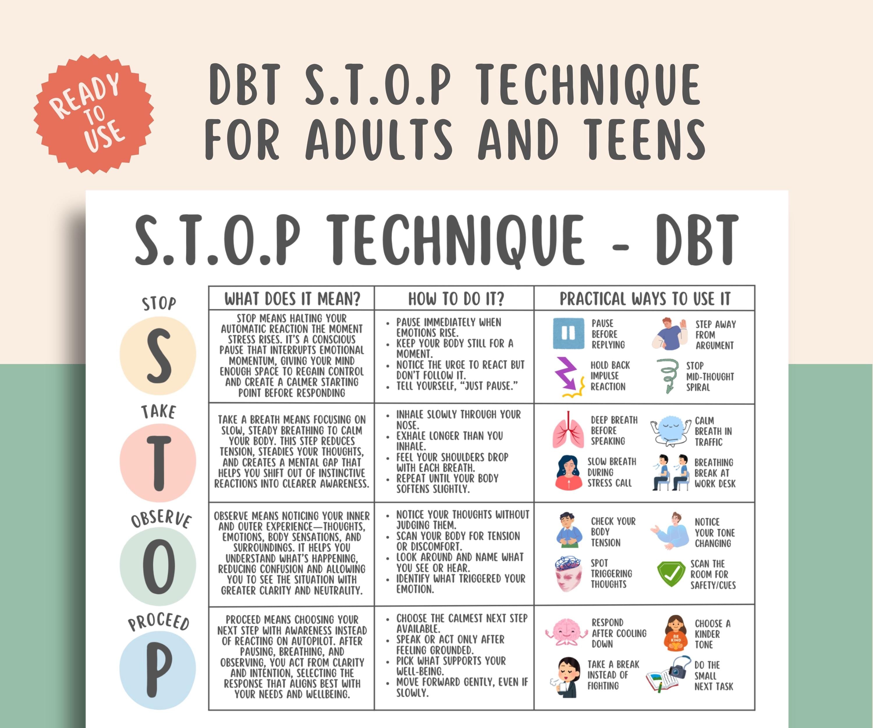 STOP Technique Printable, DBT Mindfulness Coping Skill, Anxiety Relief ...