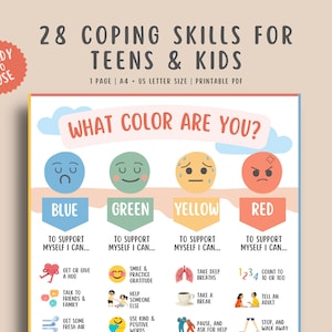 28 Coping skills for kids & teens, zones of regulation, grounding technique chart, calm down strategies, behavior management, calming corner