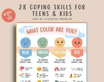 28 Coping skills for kids & teens, zones of regulation, grounding technique chart, calm down strategies, behavior management, calming corner