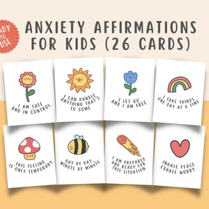 26 tarjetas de afirmaciones para afrontar la ansiedad para niños y adolescentes, declaraciones calmantes para niños, tarjetas de atención plena, herramientas de regulación emocional