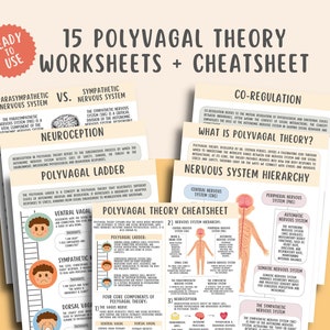 Hojas de trabajo con trucos sobre la teoría polivagal, regulación del sistema nervioso, terapia somática, terapia del nervio vago, estimulación del nervio vago, terapia para el trastorno de estrés postraumático