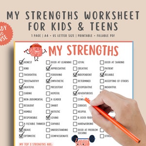 Mijn sterke punten-werkblad voor kinderen en tieners, dagboek voor kinderen afdrukbaar, geestelijke gezondheidstherapie, zelfvertrouwen activiteit