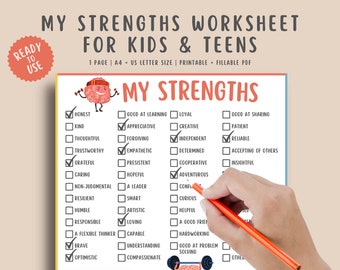 My Strengths Worksheet for kids & teens, Self Esteem Journal children printable, Mental Health Counseling Therapy, Self Confidence Activity