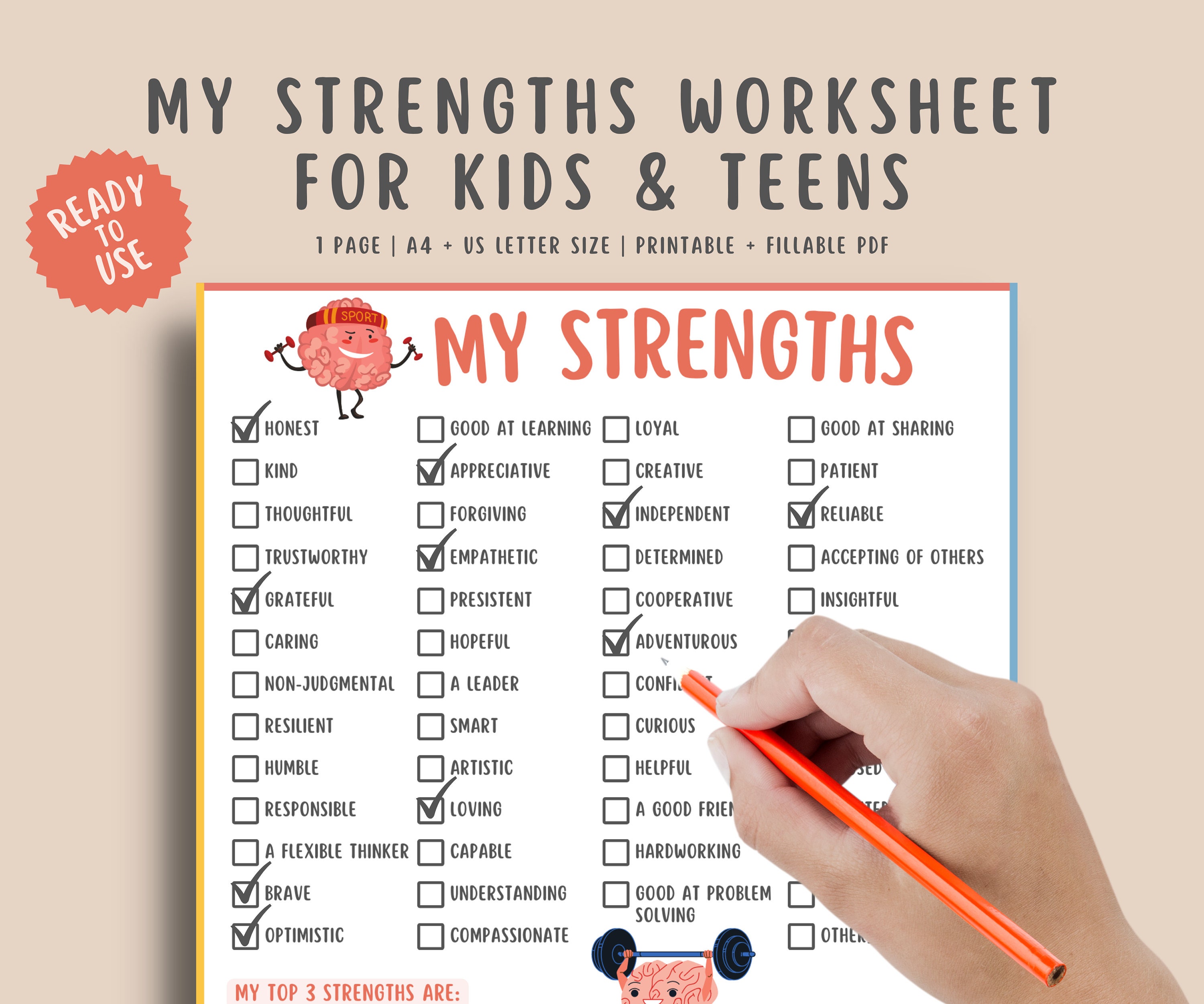 My Strengths Worksheet for Kids & Teens, Self Esteem Journal Children
