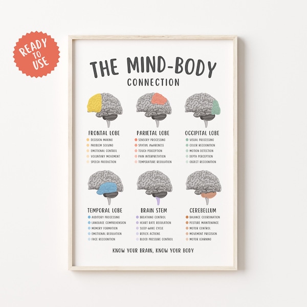 Mind Body Connection Poster, Mental Health Wall Art, Therapy Office Decor, Psychology Print, Emotional Wellness Chart, Counseling Tool PDF