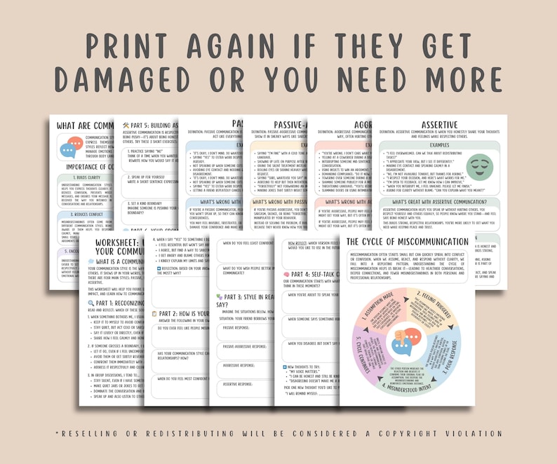Printable communication styles worksheets for adults to improve assertive communication, emotional expression, and conflict resolution. Perfect for therapy sessions, self-help, personal growth, and mental health support. These PDF tools help develop effective communication skills in relationships and daily life. Ideal for counselors, coaches, and individuals working on boundaries, active listening, and healthy interactions. Instant digital download for easy use.