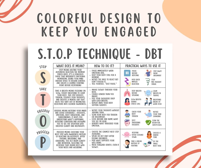 STOP Technique Printable, DBT Mindfulness Coping Skill, Anxiety Relief ...