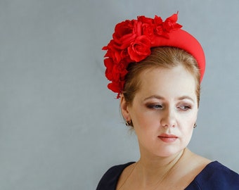 Red rose fascinator hat for wedding guest inspired by Kate Middleton headband hat