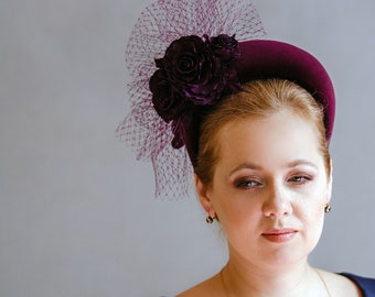 Purple Burgundy Fascinator Hat with Birdcage Veil on Padded Velvet Headband