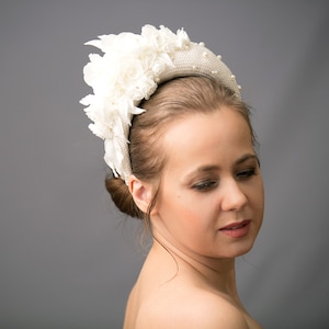 Wide bridal headband with pearls, bridal flower crown, large bridal headpiece, halo crown headband Kate Middleton style, bridal hairband. image 1