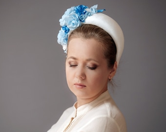 Baby blue fascinator headband hat for women, baby blue flower crown, floral crown headpiece for wedding inspired by Kate Middleton