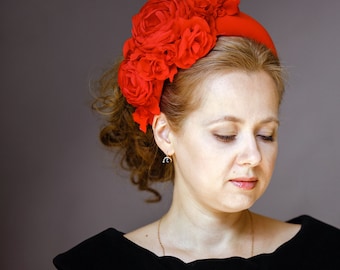Red Flower Fascinator Hat for Women on Padded Halo Headband: Kentucky Derby Hat