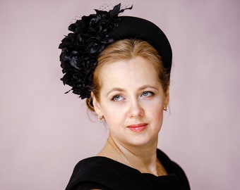 Black wedding fascinator hat for women, black flower crown headband for wedding guest