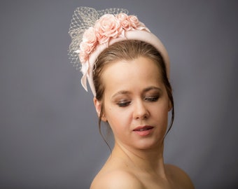 Halo crown headband for wedding guest inspired by Kate Middleton, blush pink fascinator hat, velvet fascinator headband, hatinator