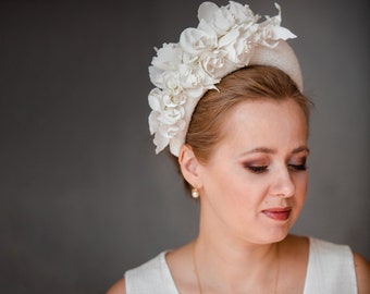 Large bridal headpiece in ivory, wide bridal headband with birdcage veil, bridal flower crown, wedding headpiece for bride, padded headband