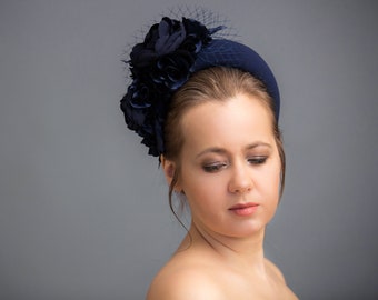 Navy blue fascinator hat for wedding guest inspired by Kate Middleton headband hat with birdcage veil