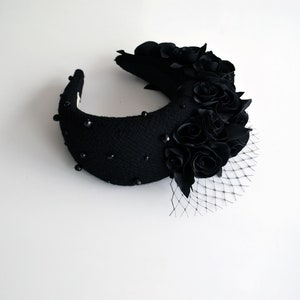 Black silk flower crown for adult is crafted by hand. Flower hairband is lightweight. Halo headband crown is the perfect hybrid design. 
Black padded headband is made from textured fabric. The flower headpiece for wedding is finished with flowers.