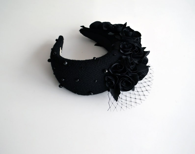Black silk flower crown for adult is crafted by hand. Flower hairband is lightweight. Halo headband crown is the perfect hybrid design. 
Black padded headband is made from textured fabric. The flower headpiece for wedding is finished with flowers.
