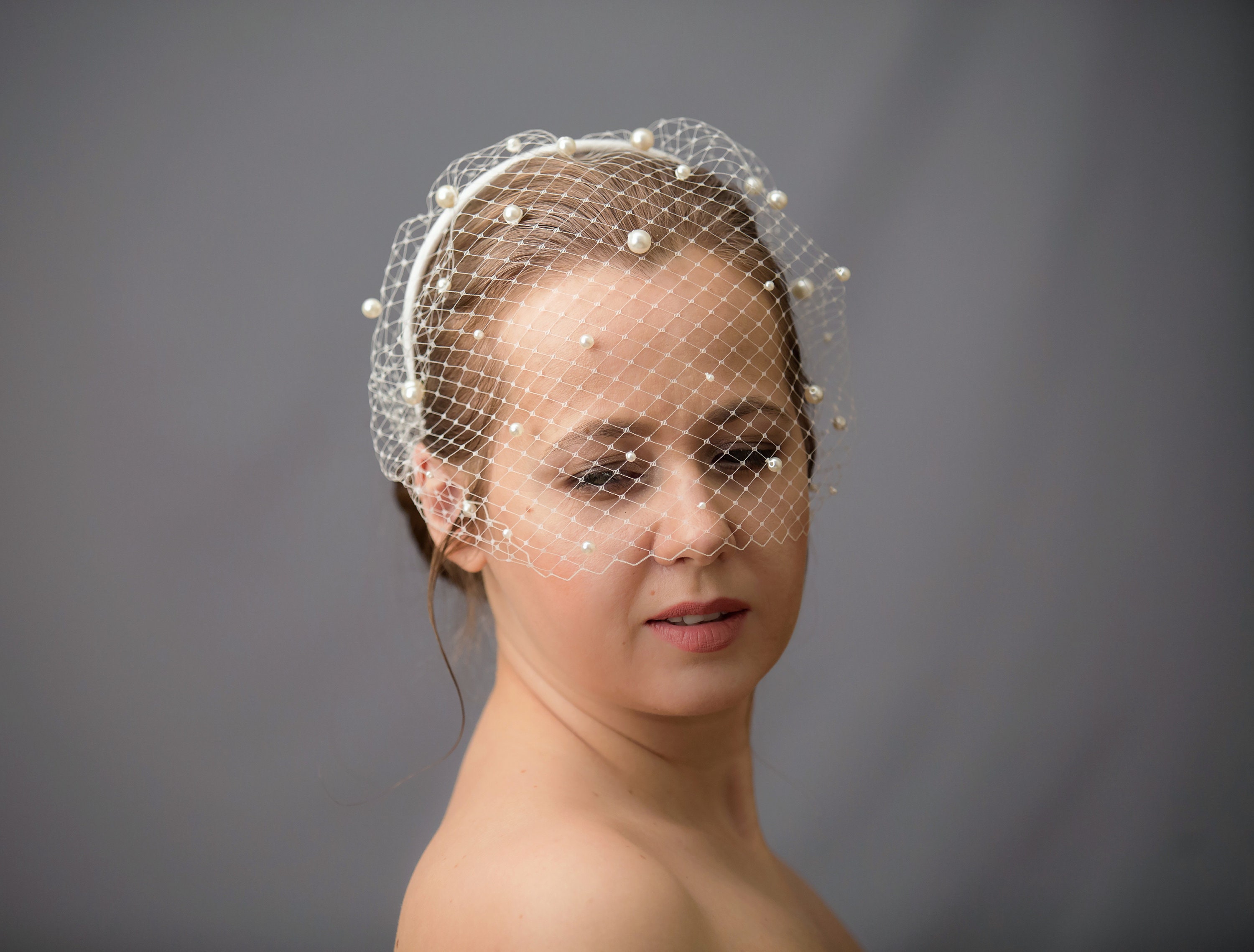 Blush Fascinator Birdcage Veil With Pearls - Wedding Bandeau Veil, Elegant Bridal Accessory