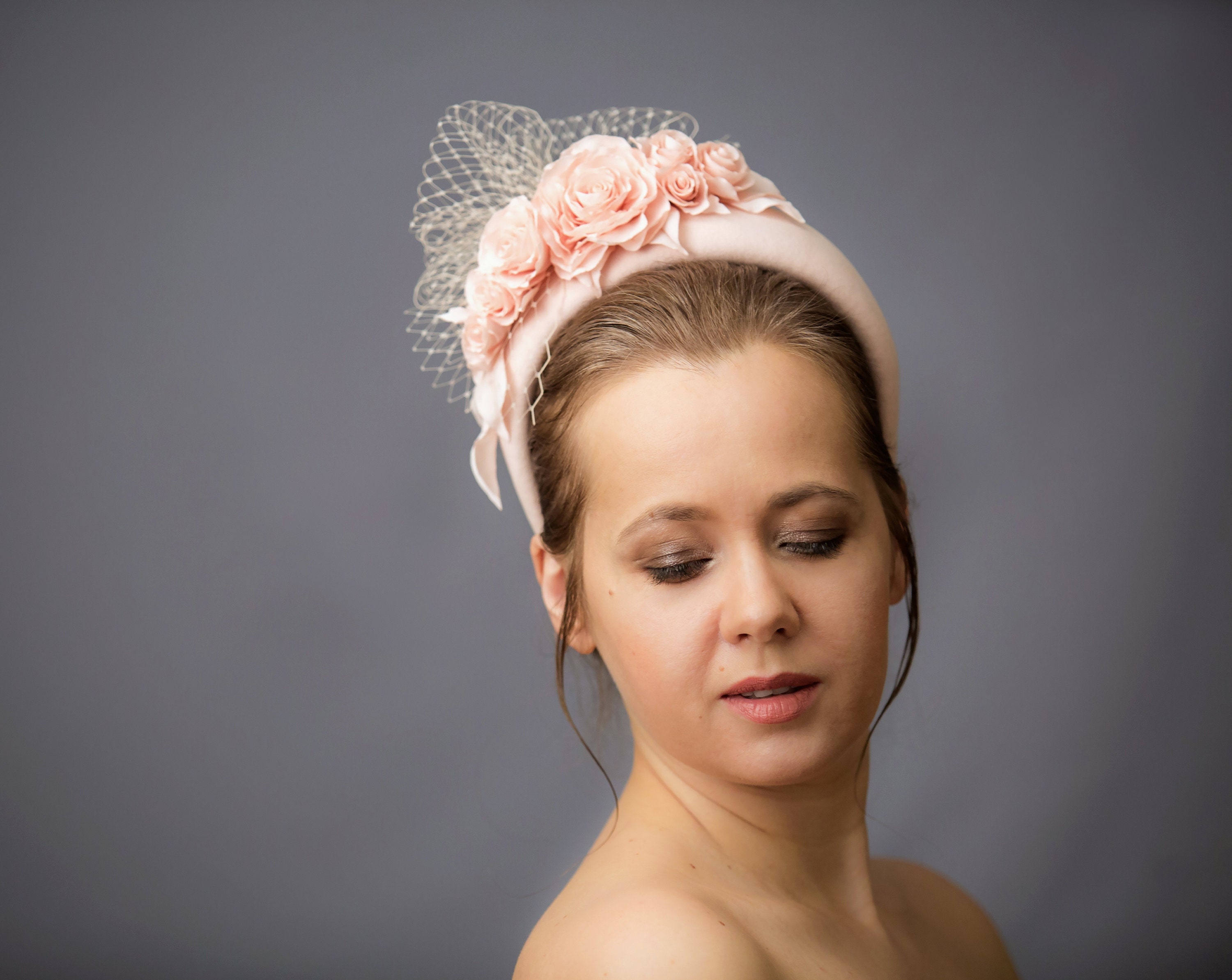 Blush Pink Floral Fascinator with Veil and Feather Accents Pink and White Fascinator - Etsy main image 4