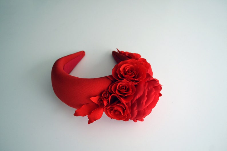 Rose crown is a fabulous floral headpiece. Red fascinator headband inspired by Kate Middleton headband hat. Perfect as a alternative to a traditional headpiece for wedding guests. Flower head piece is perfect design. Padded headband covered in fabric