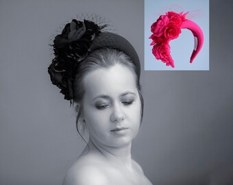 Hot pink fascinator headband for wedding guests or mother of the bride inspired by Kate Middleton floral headpiece with birdcage veil