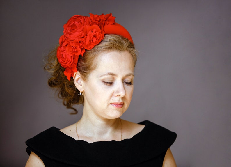 Rose crown is a fabulous floral headpiece. Red rose fascinator headband inspired by Kate Middleton headband hat. Perfect as a alternative to a traditional wedding guest hat. Flower headband for wedding guest will make you feel like royalty.