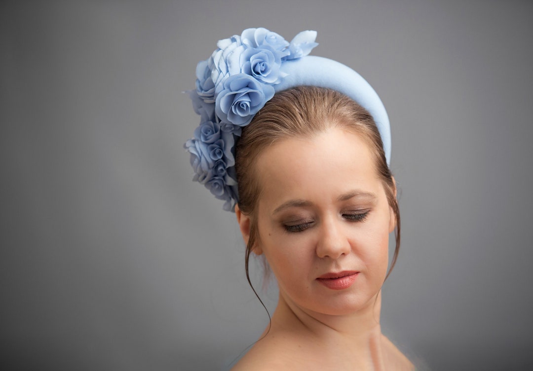 Dusty Blue Wedding Guest Headband Hat, Baby Blue Fascinator Hat for Women, Floral Halo Headpiece ...