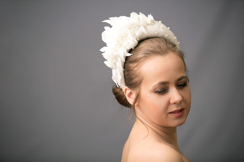 Wide bridal headband with pearls, bridal flower crown, large bridal headpiece, halo crown headband Kate Middleton style, bridal hairband. image 1