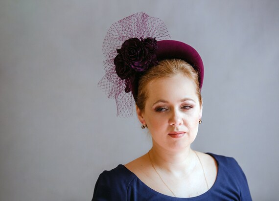 Purple Burgundy Fascinator Hat With Birdcage Veil on Padded  display picture 3