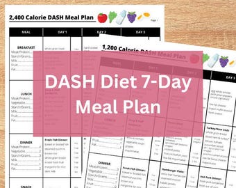 Druckbarer DASH Diet 7-Tage-Speiseplan, Dietary Approaches to Stop Hyperplate (DASH) Essensplan, 1200, 1800, 2000, & 2400 Kalorie Essensplan