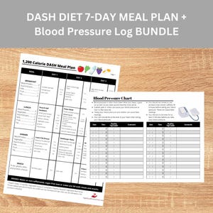 Puede incluir: Un paquete imprimible de plan de comidas DASH de 7 días y registro de presión arterial. El plan de comidas incluye opciones de desayuno, almuerzo, cena y refrigerios. El registro de presión arterial incluye espacio para registrar la fecha, la hora, las lecturas superior e inferior y los comentarios.