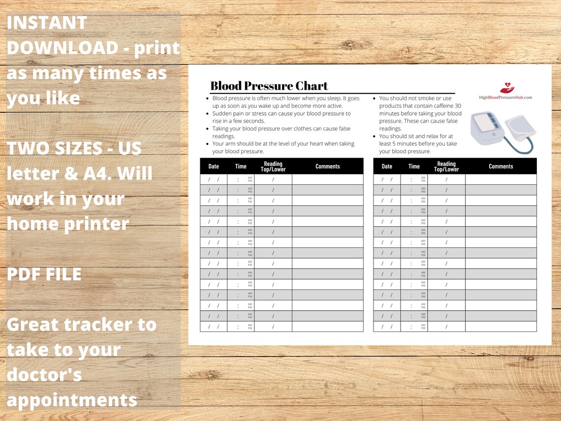 Printable Blood Pressure Log, Blood Pressure Tracker, Hypertension Log ...
