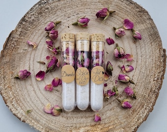 PARTY FAVORS | GIFT | Bath salt or sea salt with whole rosebuds and rose petals| give away | test tube | spice | bathe