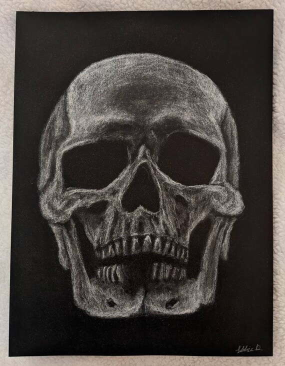 White Charcoal Skull Drawing - 9in x 12in