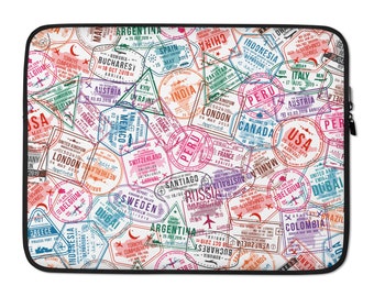 Wanderlust-inspired Laptop Sleeve with Passport Stamp Design