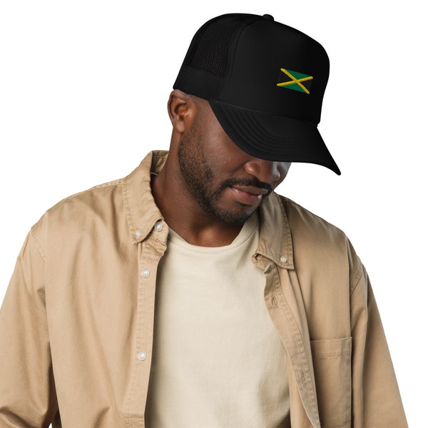 Authentic Jamaican Vibe: Foam Trucker Hat with Jamaica Flag Design