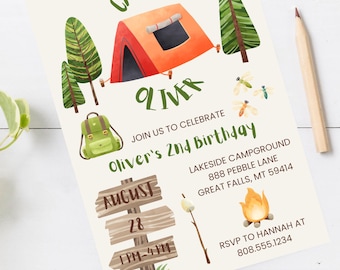 Camping Birthday Invitation | Printable Kids Party Invite | Editable Template Canva Download