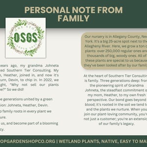 May include: A promotional graphic for One Stop Garden Shop. The image features the company logo, text about the family-owned business, and a description of their nursery in Allegany County, New York. The text includes information about their plants and the company's values.