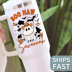 Boohaw Cowboy Halloween Cup Personalized Cowboy Halloween 40oz Tumbler Spooky Western Ghost Halloween Travel Mug Boo Haw Cowgirl Ghost Cup