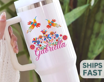 Mexican Floral 40oz Tumbler Personalized Mexican Flower Gifts Spanish Tumbler Travel Cup Mexican Custom Mexican Embroidery Style Tumbler